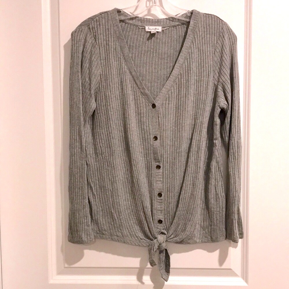 LOVE, FIRE Marled Gray Ribbed Button-Front Tie Hem Lightweight Sweater Cardigan